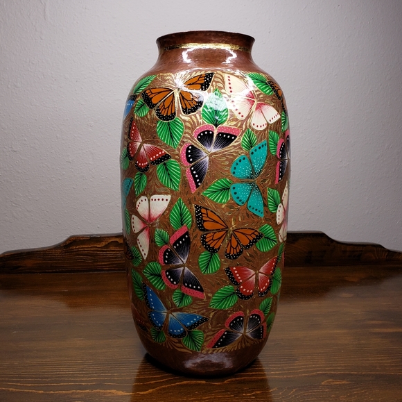 Hammered Copper Artisan Handpainted Vase Butterfly - Picture 7 of 8